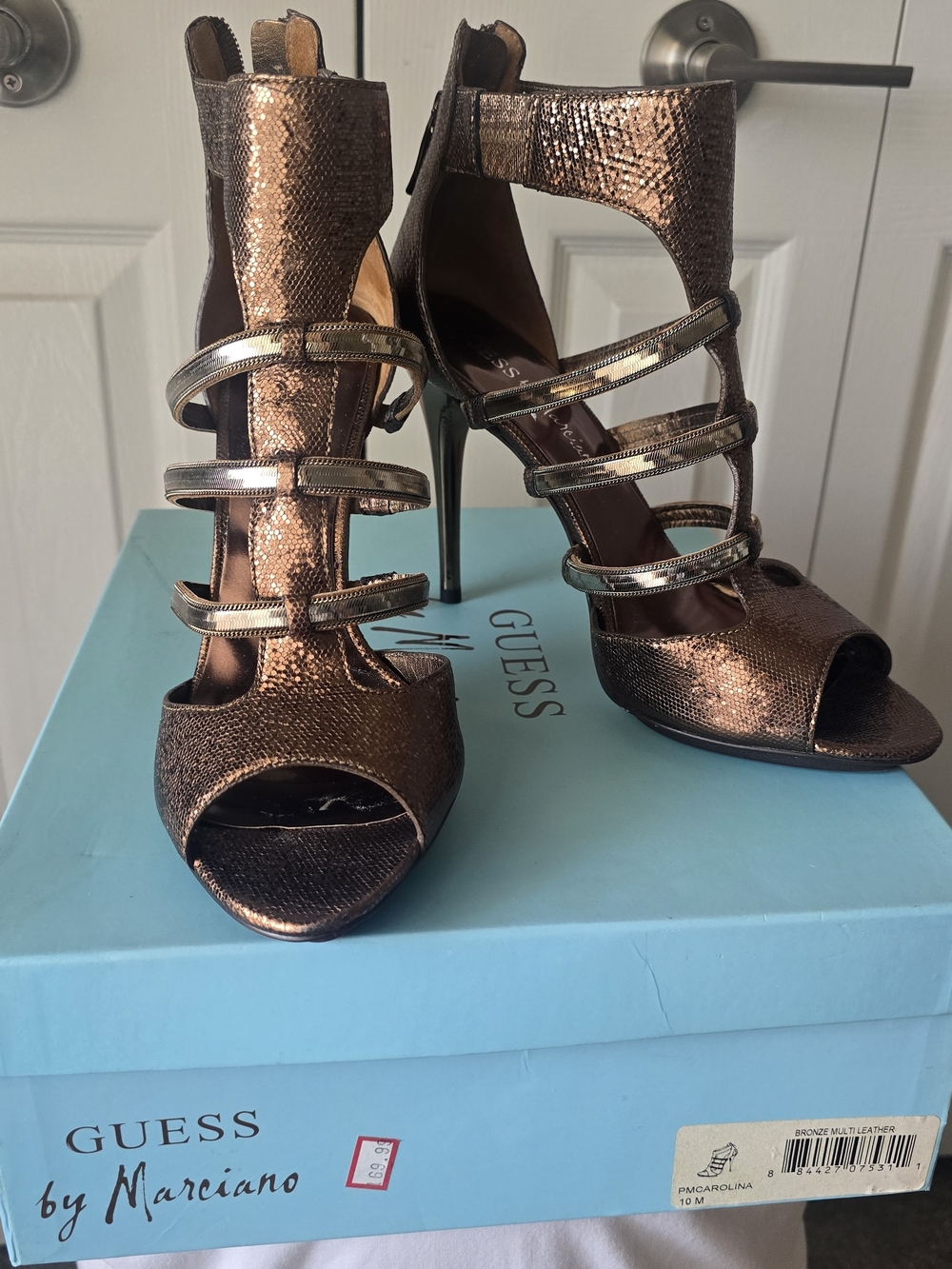 Guess by Marciano Bronze Metallic Strappy Stiletto Heels